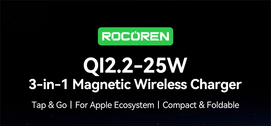 Rocoren 25W QI2.2 Mac Safe Charger Kabelloses Ladegerät 3-in-1 Tragbarer Ladeständer Telefonhalter für iPhone 17 16 Pro Max – Detail 1