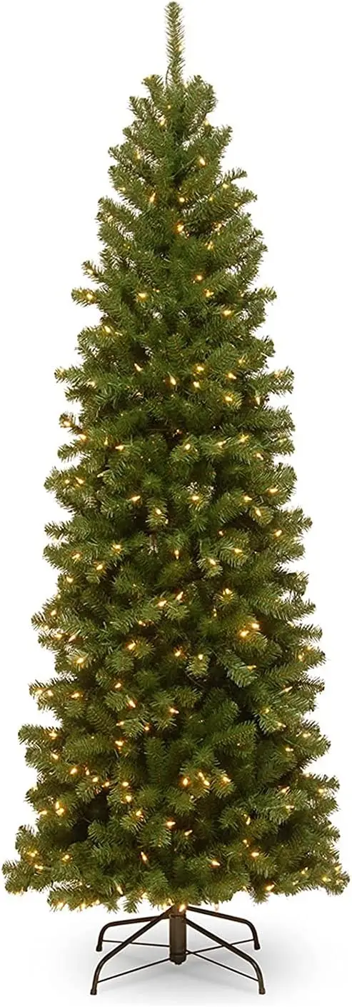 Pre-Lit Artificial Slim Christmas Tree, Green, North Valley Spruce, White Lights, Includes Stand, 7 Feet