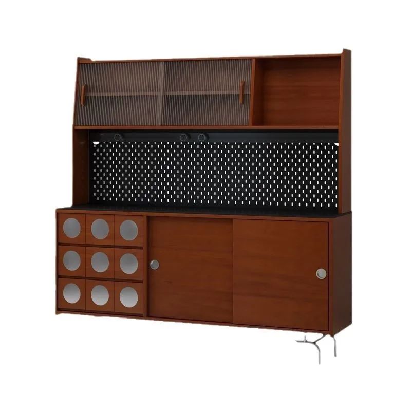 

Retro medieval solid wood dining side cabinet integrated wall rock slab tea high cabinet