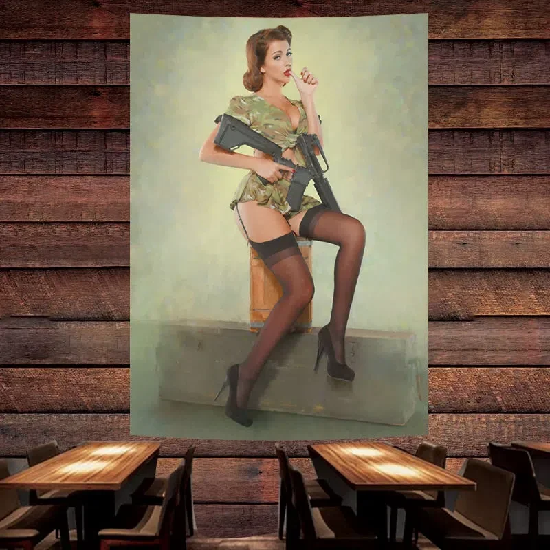 

Seductive Girl With Gun Poster Banner Mural Sexy Pin Up Art Flag Wall Painting Tapestry Bar Cafe Pub Man Cave Wall Decor Sticker