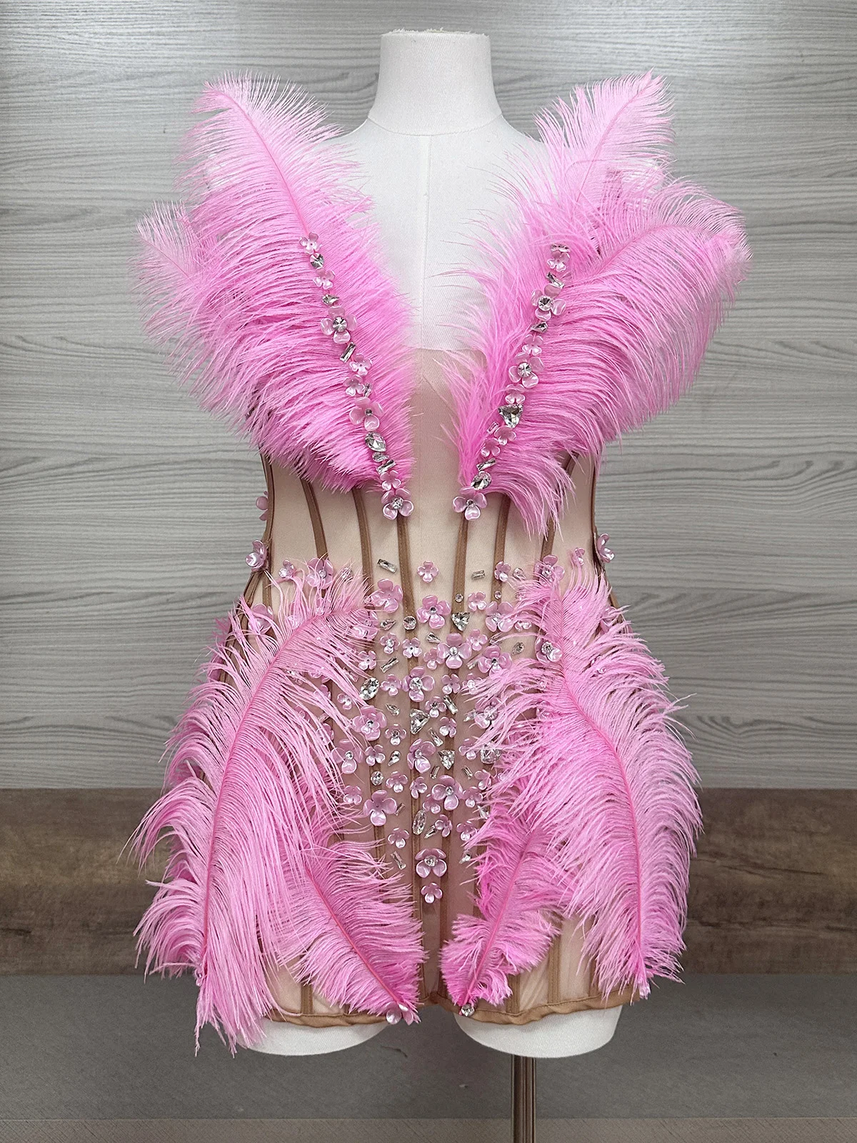 Luxury Pink Ostrich Feather Rhinestone Corset Dress Sexy Mesh Stage Outfit Drag Queen Performance Party Club Wear GOGO Dance