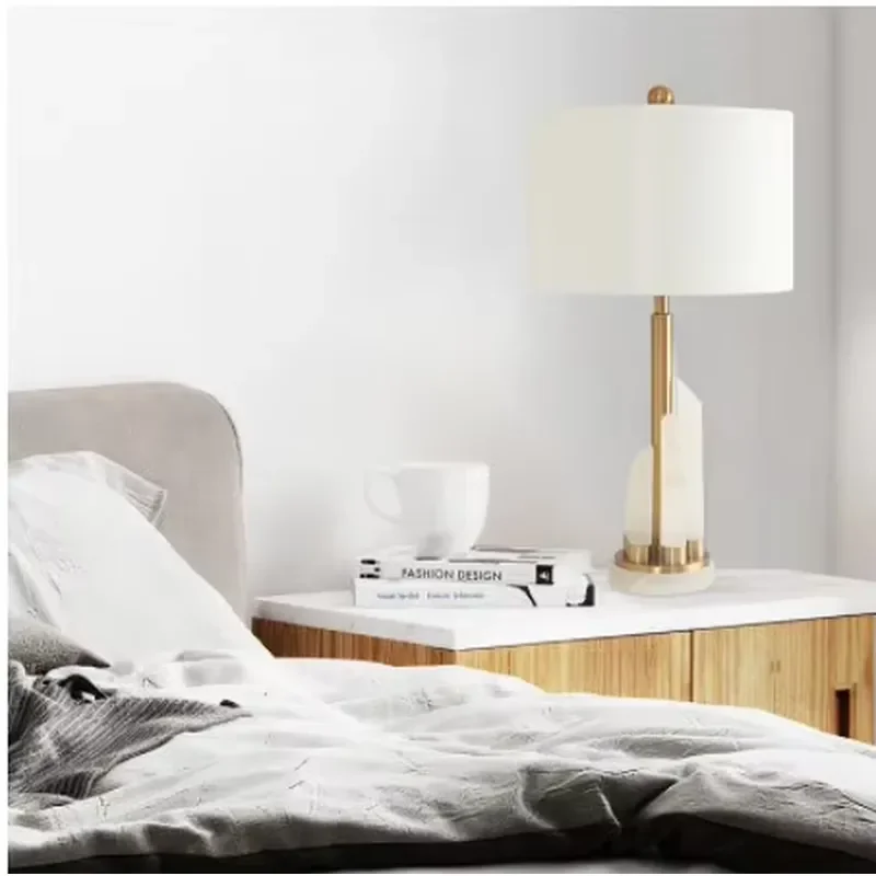 Modern Marble Base Table Lamp with Fabric Shade LED Bedside Night Light for Bedroom Home Decor Contemporary Desk Lighting