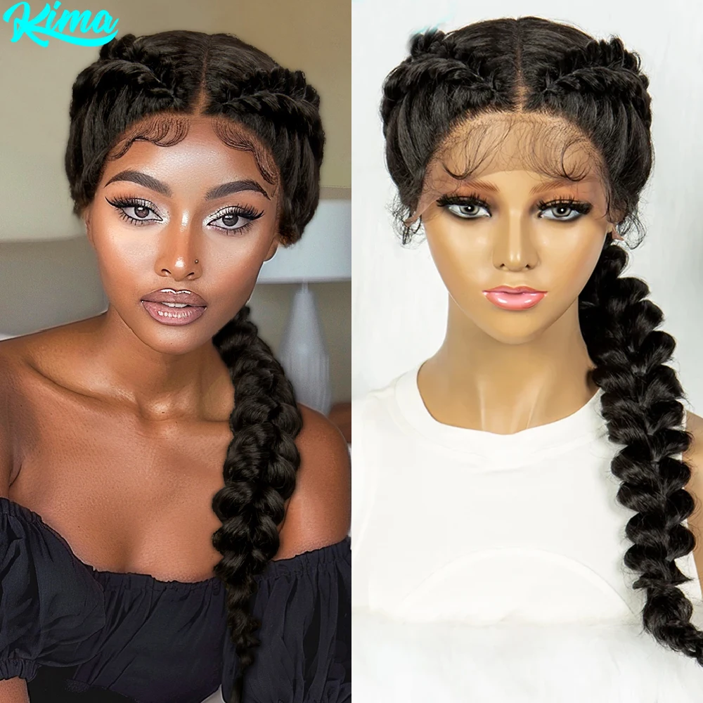 KIMA Synthetic 13x4 Lace Front Braided Wigs Dutch Braids Wig  With Baby Hair For Black Women Wig Kinky Curly Hair Wigs