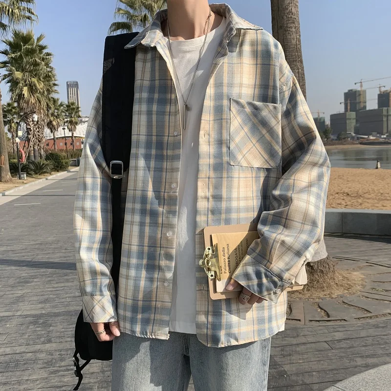 

Loose Long Sleeve Plaid Shirt Men's Casual Style Korean Harajuku Fashion Versatile Outerwear Spring Season Youth Trend