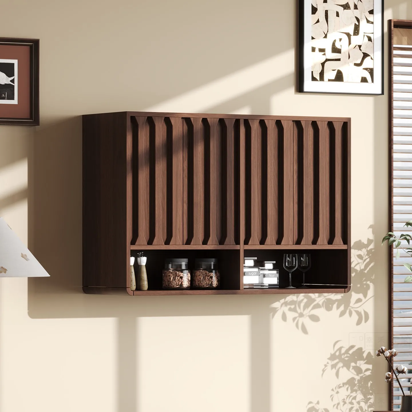 

New Chinese style medieval style solid wood household small apartment hanging cabinet living room cabinet