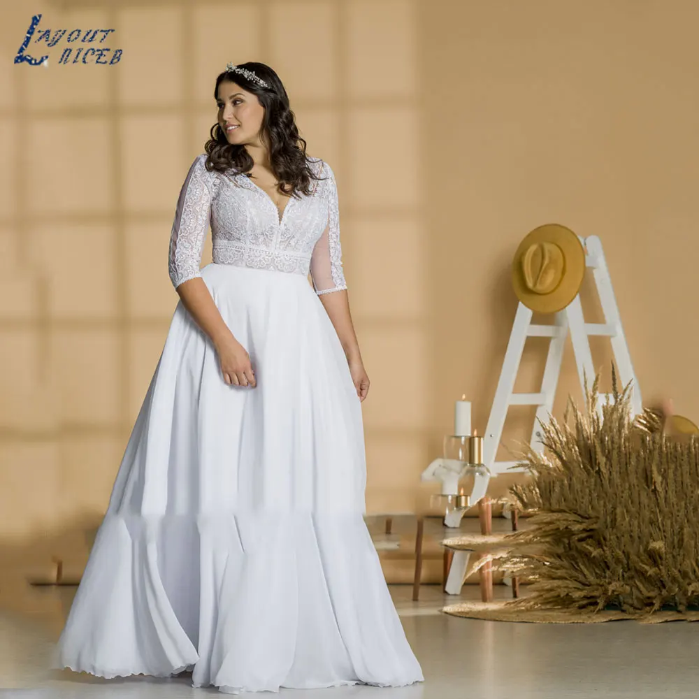 LAYOUT NICEB-Robe de Mariée Classique en Mousseline de Soie, Grande Taille, Col en V, Manches Trois Quarts, Ligne A, 2024Mise en page niceb 2024 classique plus taille V - cou robe de mariée classique manches trois quar