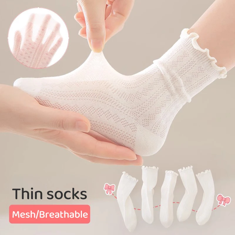 Girls Ruffle Trim Crew Socks 5 Pairs Set Kids Thin Mesh Breathable Hollow‑Out Princess Mid‑Calf Socks Sweet Frilly Socks for Dai