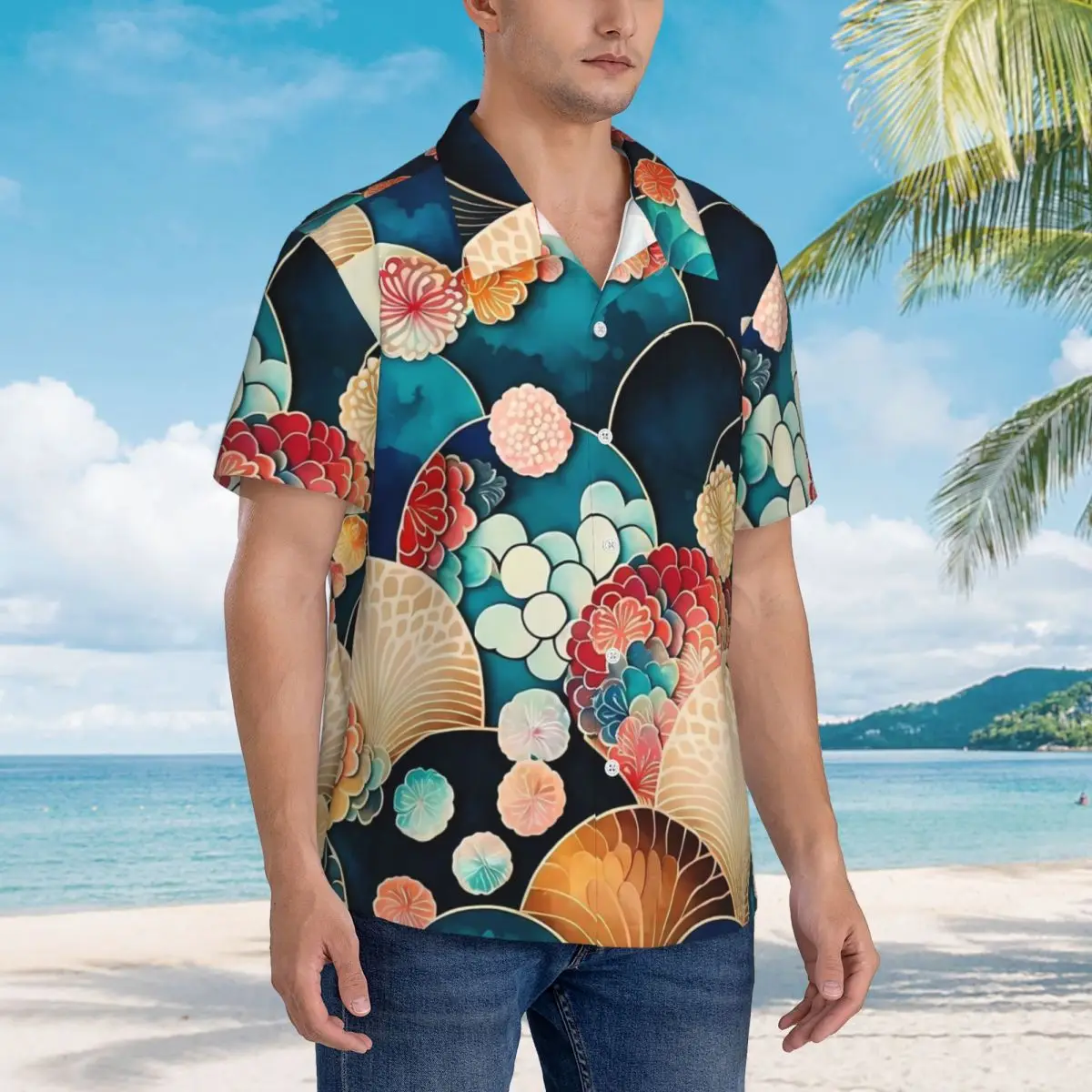 Japanese Art Beach Shirt Men Japanese scale kimono pattern Casual Shirts Hawaiian Short Sleeve Design Trendy Oversized Blouses