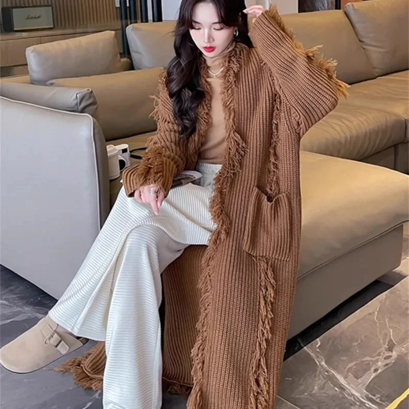 Hooded Sweater Long Jacket Feminine Thickened New Style High-end Feeling 2024 Lazy Style Fitting Fake Two-piece Knitted Cardigan