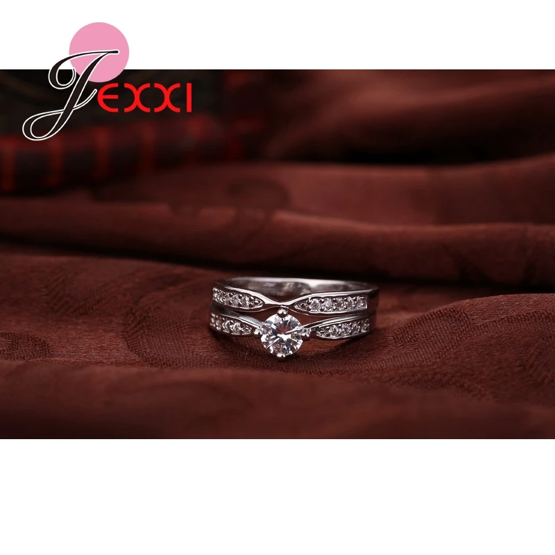 Round White CZ   Simple Elegant 925 Sterling Silver Engagement Rings Set For Women Wedding Ring Bague Jewelry