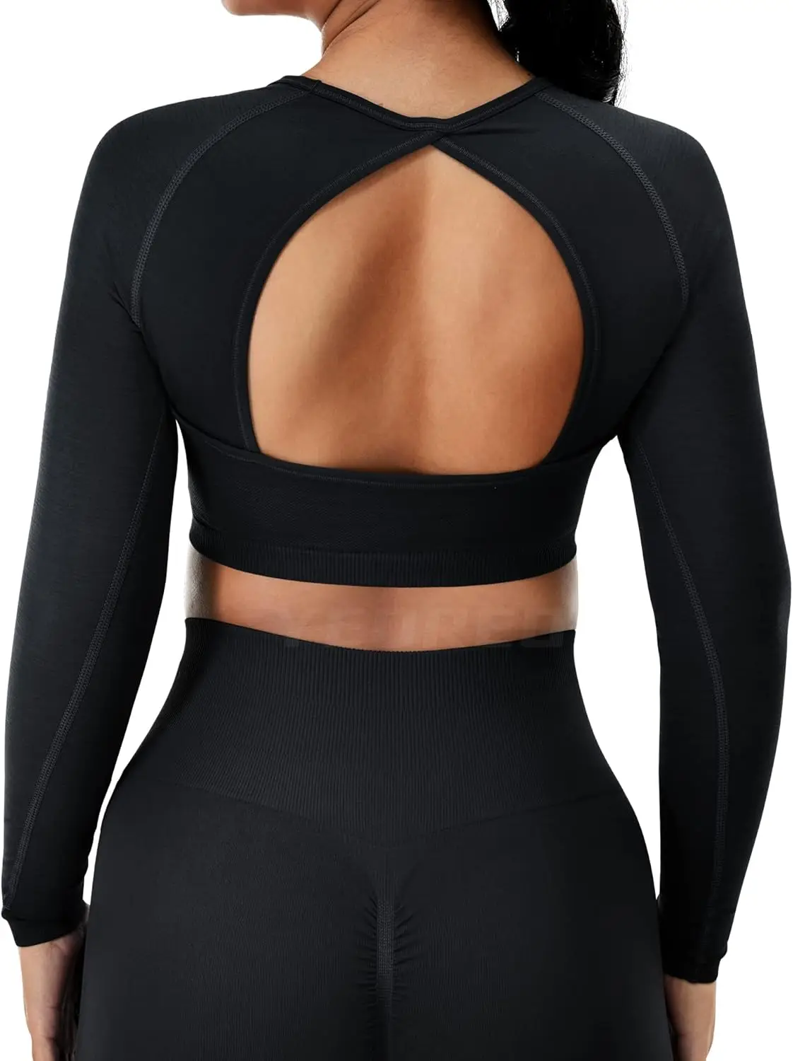 Women Workout Long Sleeve Crop  Seamless Workout Gym Shirts Open Back Tee Yoga Tops