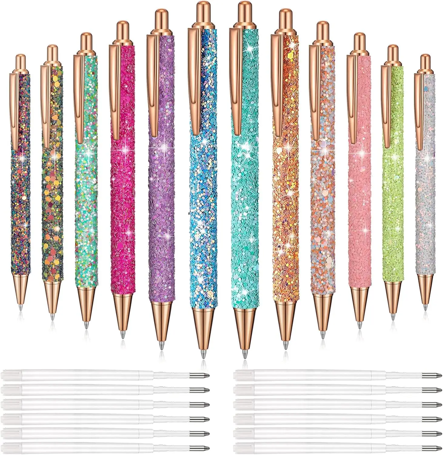 

12 Pcs Fancy Pens For Women Nurse Teacher Glitter Sparkly Pretty Cute Pens with 12 Pcs Replacement Black Ink Refills Retractable