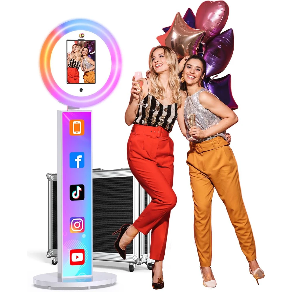 

Neson Portable iPad Photo Booth Machine Selfie Stand APP Control RGB Lights Music Sync Compatible with Case For Weddings Parties