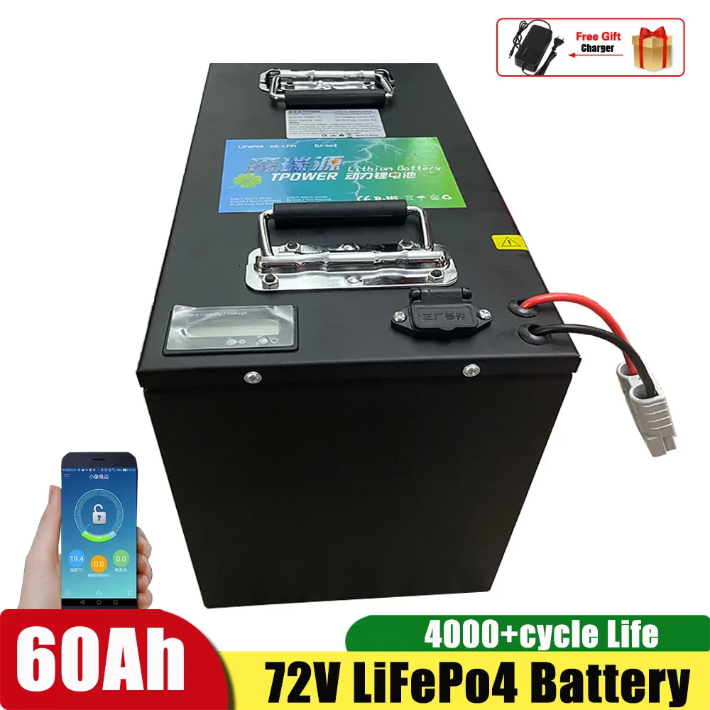 72V 60Ah Lithium Iron LiFePo4 Battery Bluetooth BMS APP for 5000W Scooter Motorcycle Forklift Crane Truck +Charger