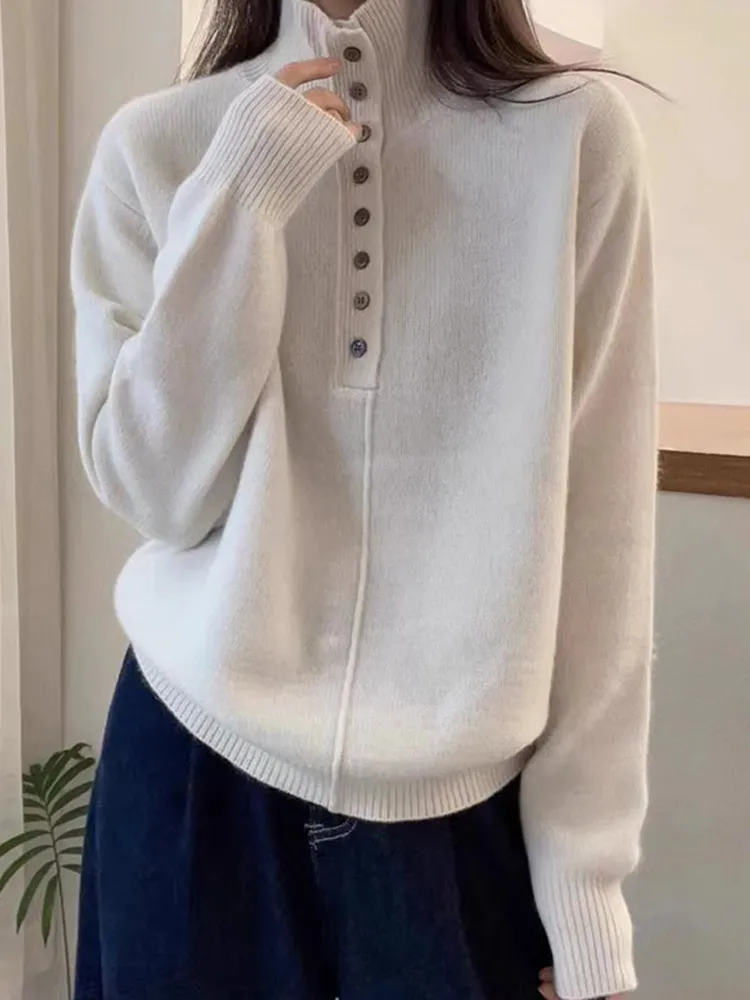 Ele Pure Color Knitted Sweater Long Sve Casual Design Faionable Overhead Korean Sle Commute Straight Cut Velvet