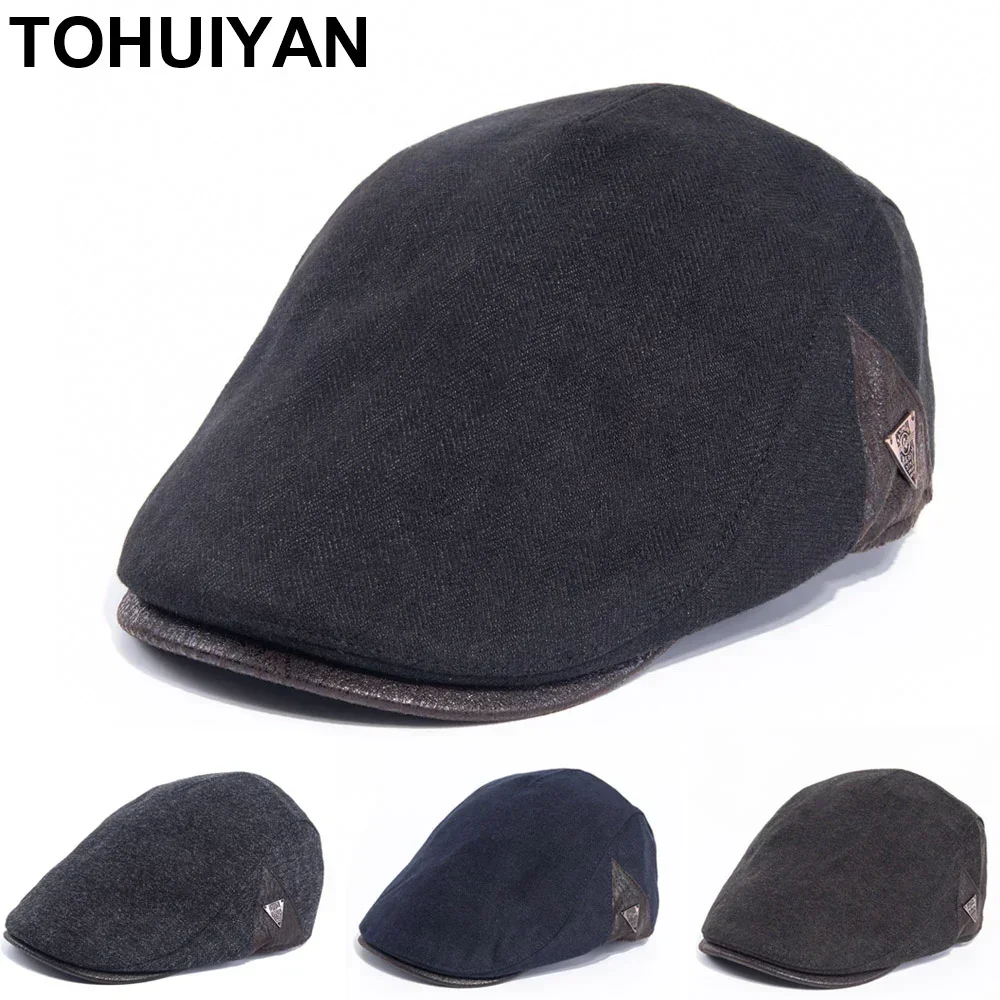 TOHUIYAN Winter Warm Men Hat Vintage Boina Hombre Beret Cap British Casual Newsboy Hats Autumn Adjustable Flat Caps for Man