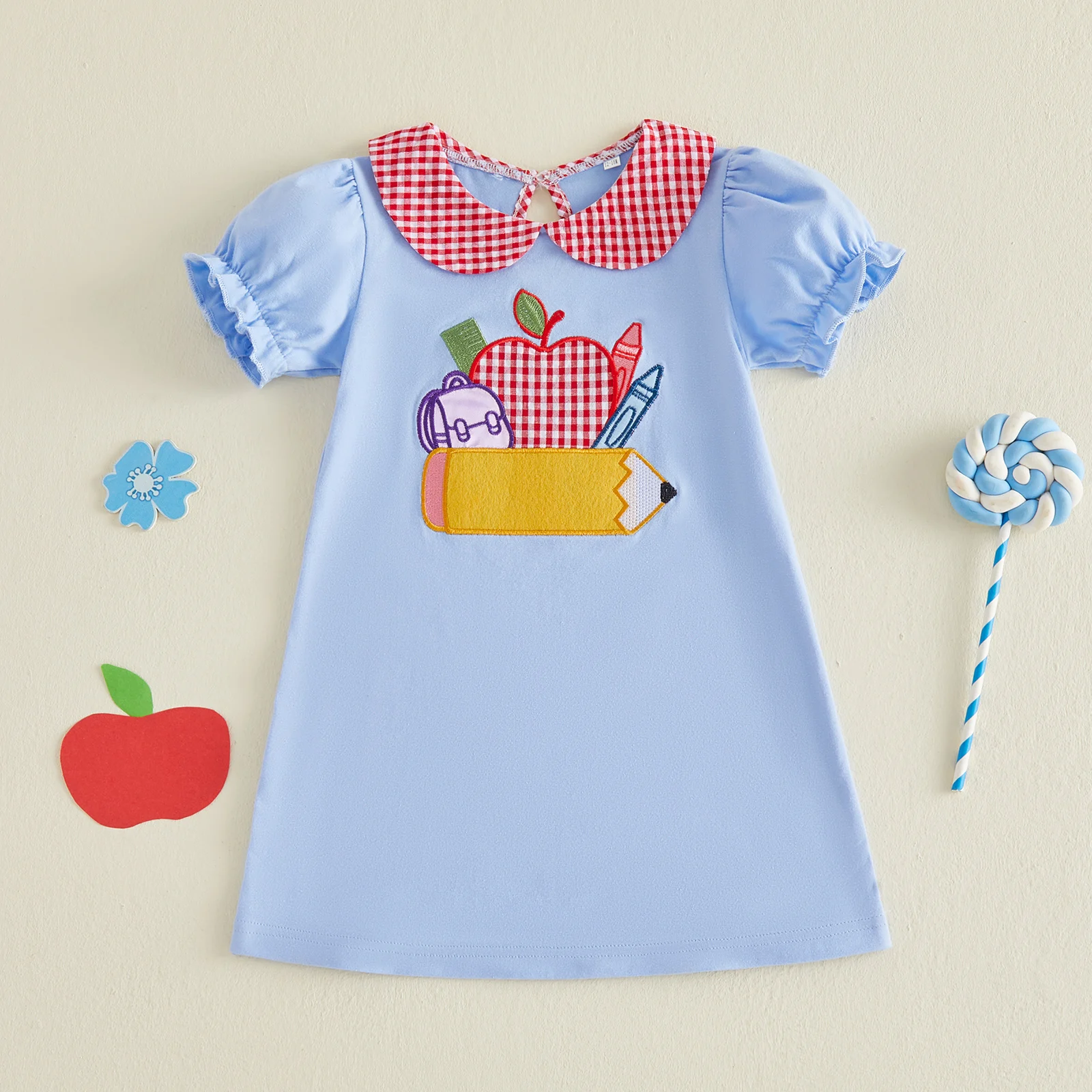 1-6Y Toddler Baby Girls Back to School Dress Adorable Apple Pencil Embroidery Short Sleeve Doll Collar Dress