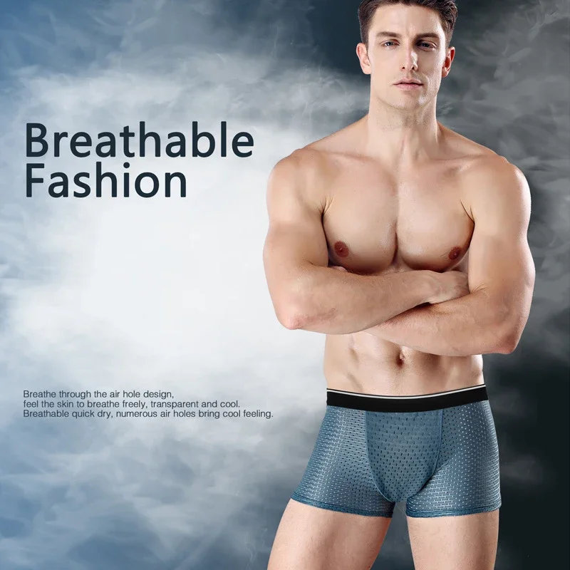 4pcs Men's Ice Silk Boxer Shorts Bamboo Fiber Mesh Mesh Semi Transparent Underwear Sports Breathable Underwear