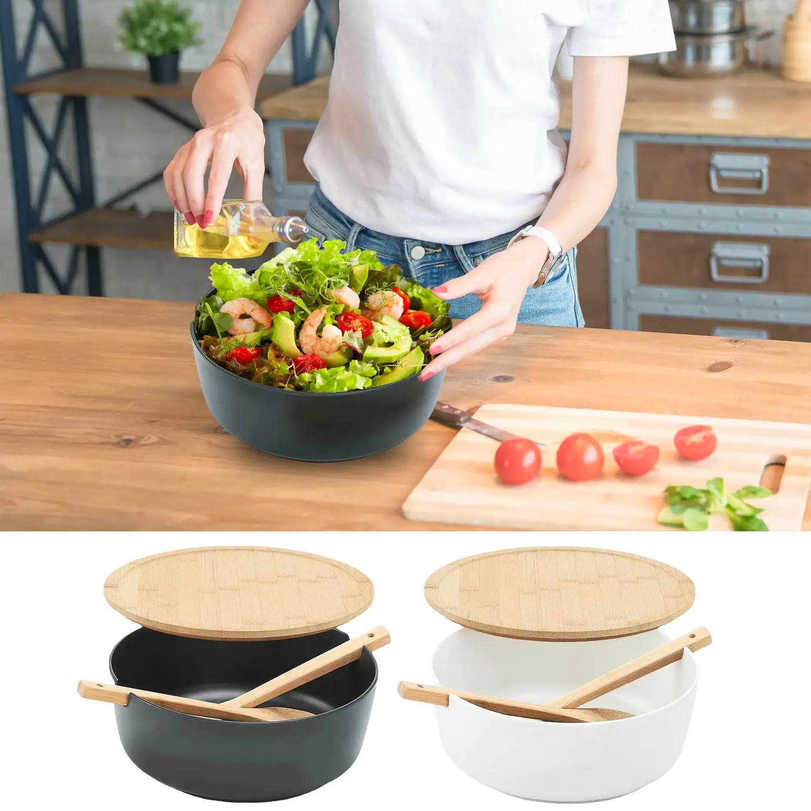 

Большая салатница, миска для фруктового салата с крышкой, деревянная сервировочная посуда с ложкой, вилкой для дома, кухни, хлопьев, фруктовых закусок, смешивания, приготовления пищи