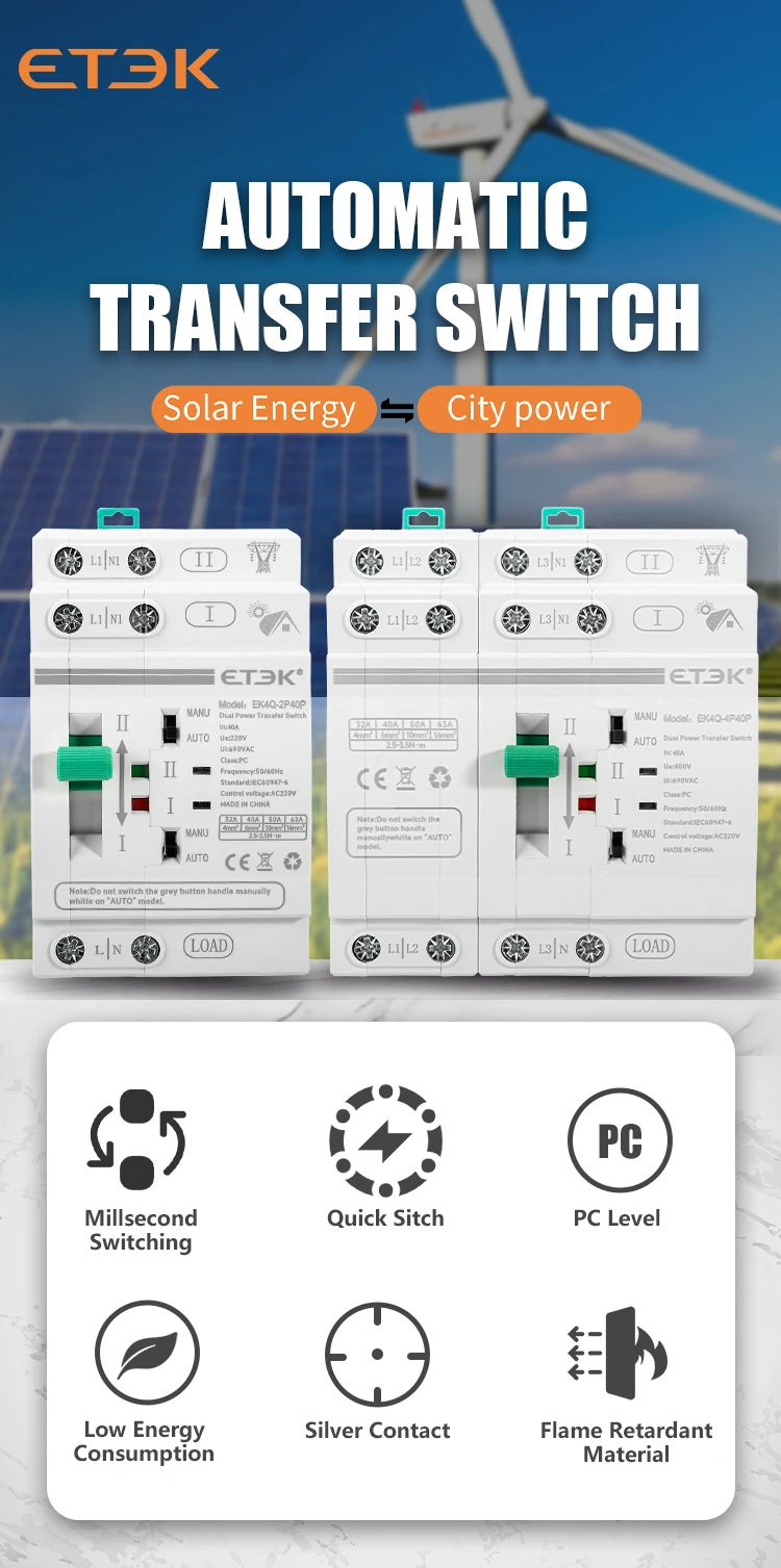 ETEC DIN-Schienen 2P/4P ATS Dual-Power Automatischer Transferschalter Elektrische Wahlschalter Unterbrechungsfreie Stromversorgung 40A/63A PV-Energie – Detail 1