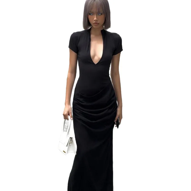 2025 nova moda com decote em v hip-abraçando vestido longo feminino verão sexy e elegante cor sólida vestidos longos para mulher