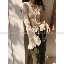 Temperament pleated textured top unique trumpet sleeves v-neck design lace-up hollow shirt