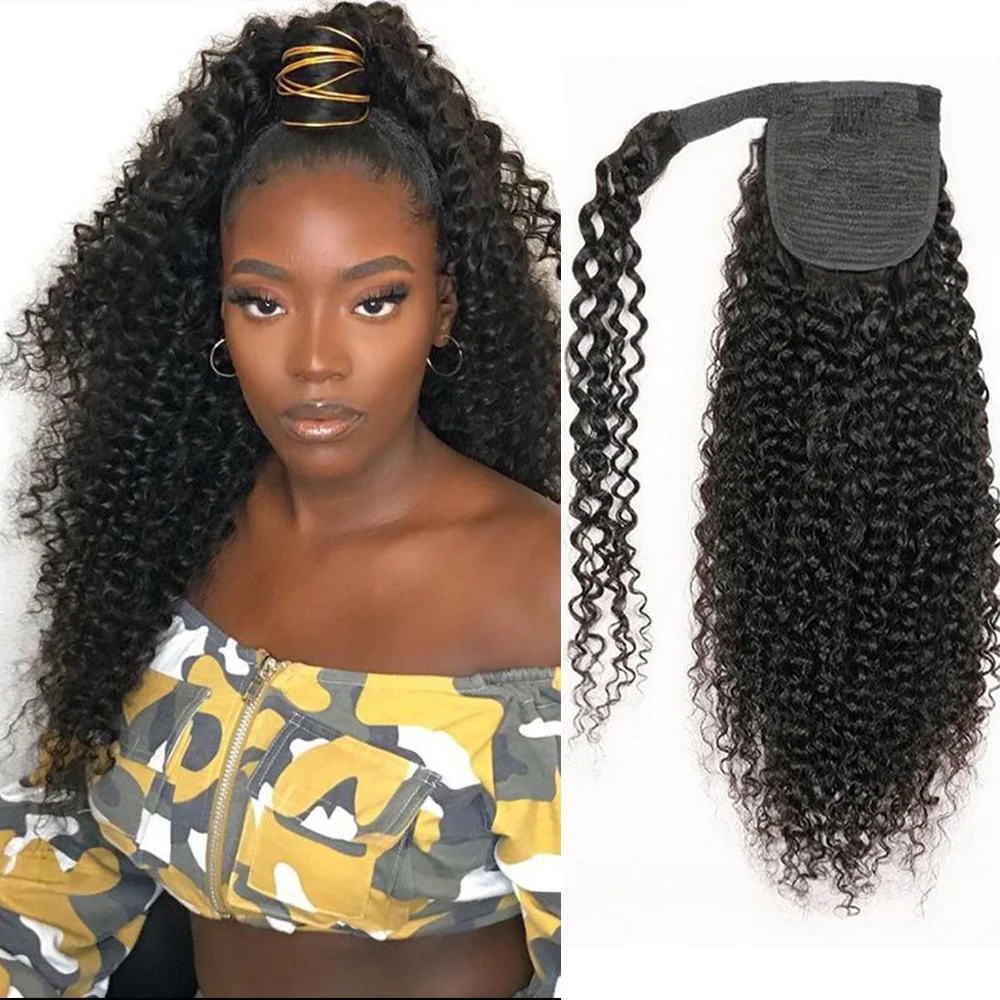 غريب مجعد ريمي الشعر البشري ذيل حصان مع نسيج موجة المياه المنغولية التفاف حول وصلات شعر مستقيمة لأسلوب سريع #1