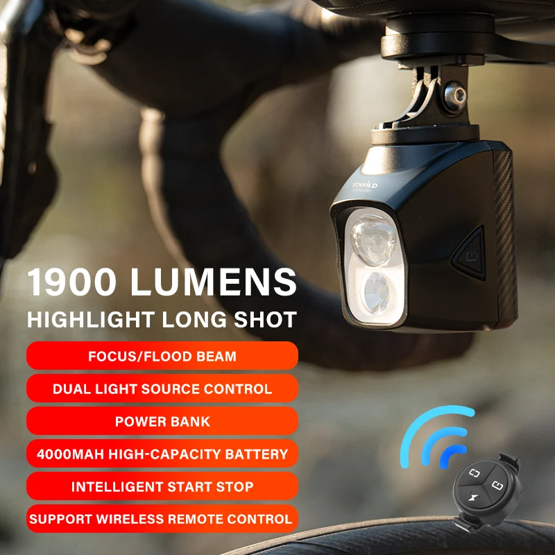 TOWILD Bike Lights With Focus/Flood Beam 1900LM Rechargeable Led Bicycle Front Lights IPX6 As Power Bank Mtb Cycling Headlight