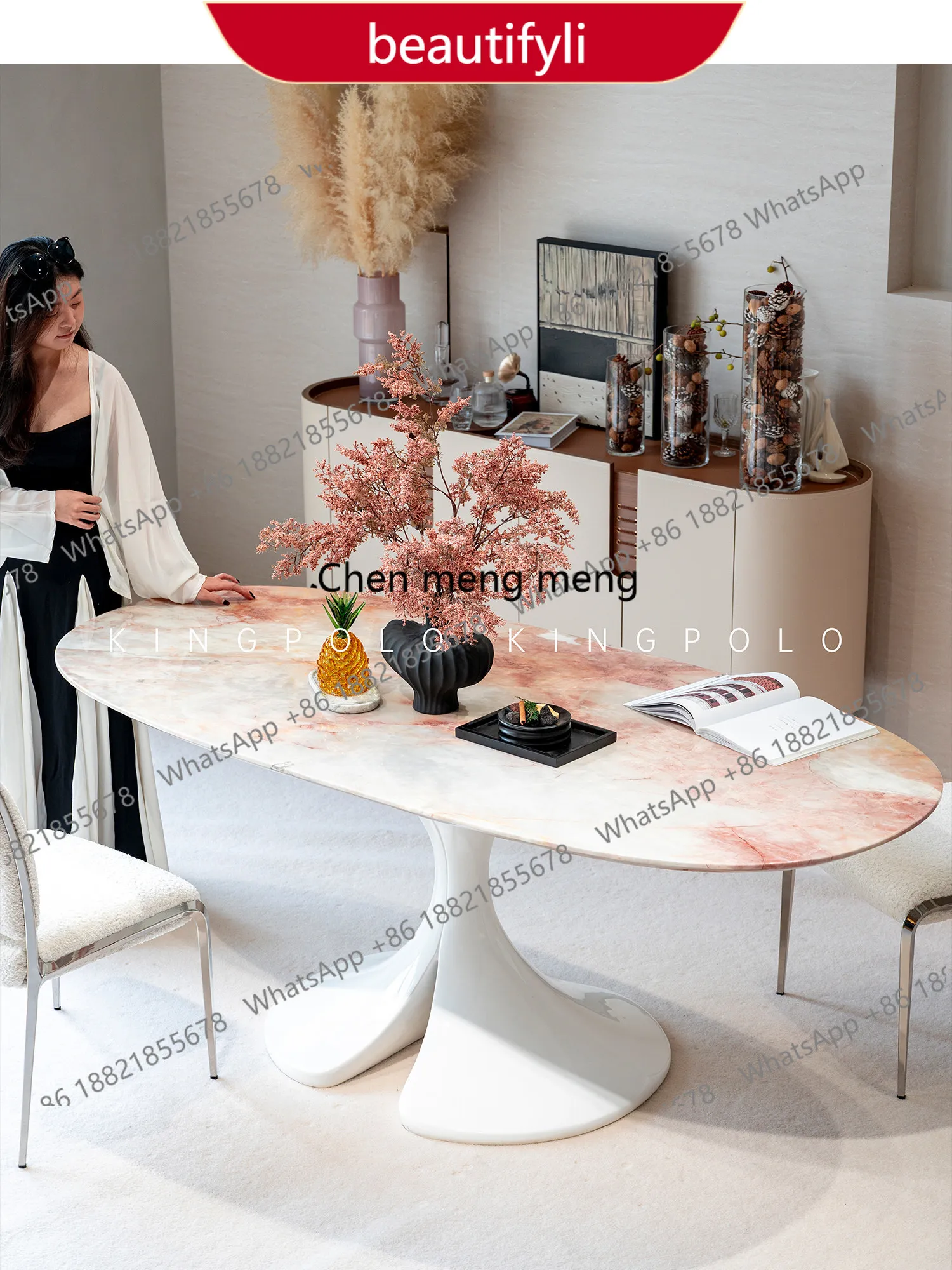 

A55 Natural Four Seasons Pink Luxury Stone Dining Table French Cream Style Restaurant Premium Marble Table