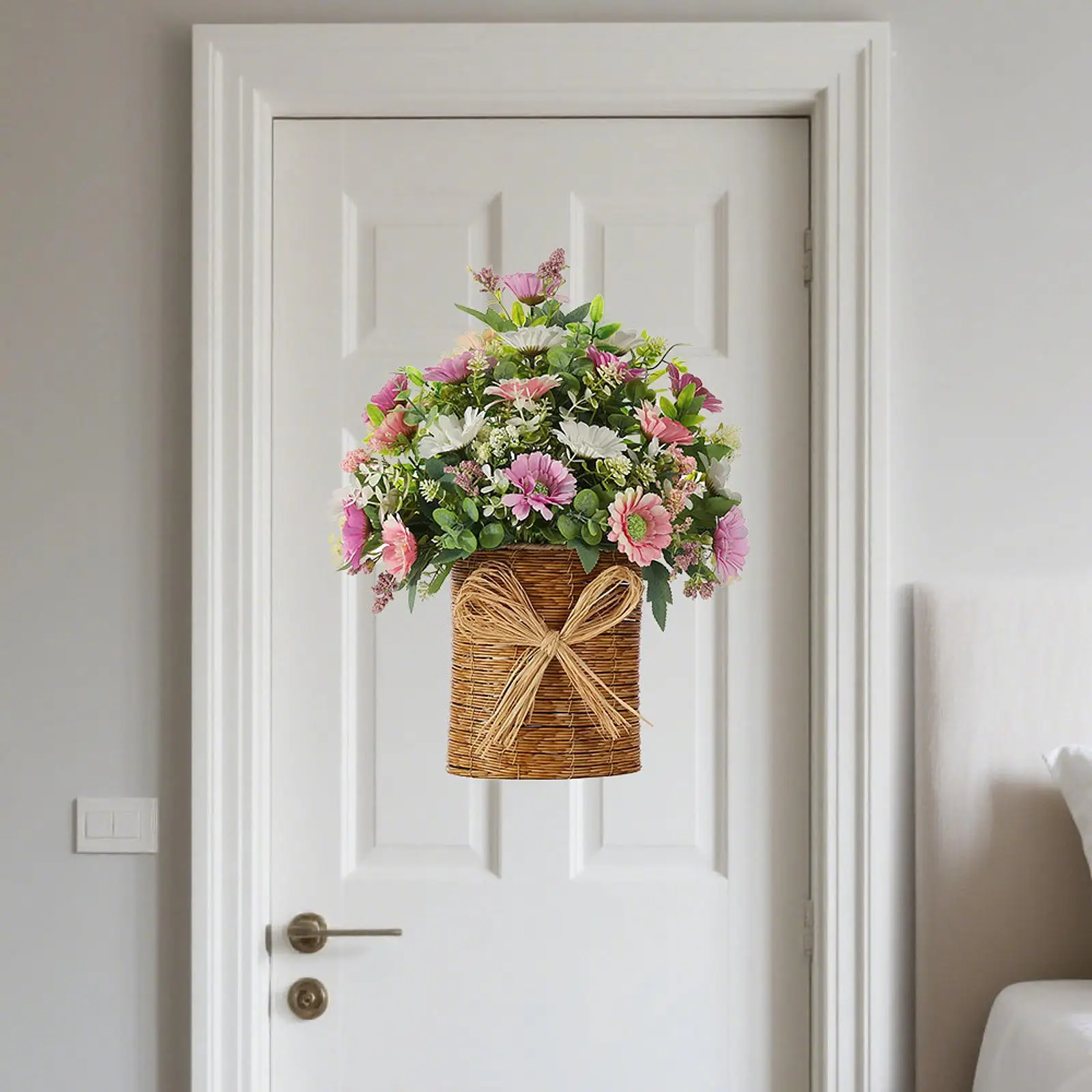 

Front Door Hanging Basket Wreath Welcome Sign Home Decor Artificial Daisy Flowers for Patio Balcony Yard Outside Housewarming