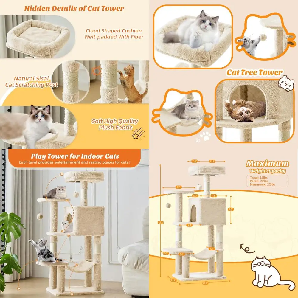 

44-дюймовая лазалка для кошек с домиком, сизалевыми столбиками для царапания, расширенной платформой, гамаком и домиком для питомцев для домашних кошек и котят