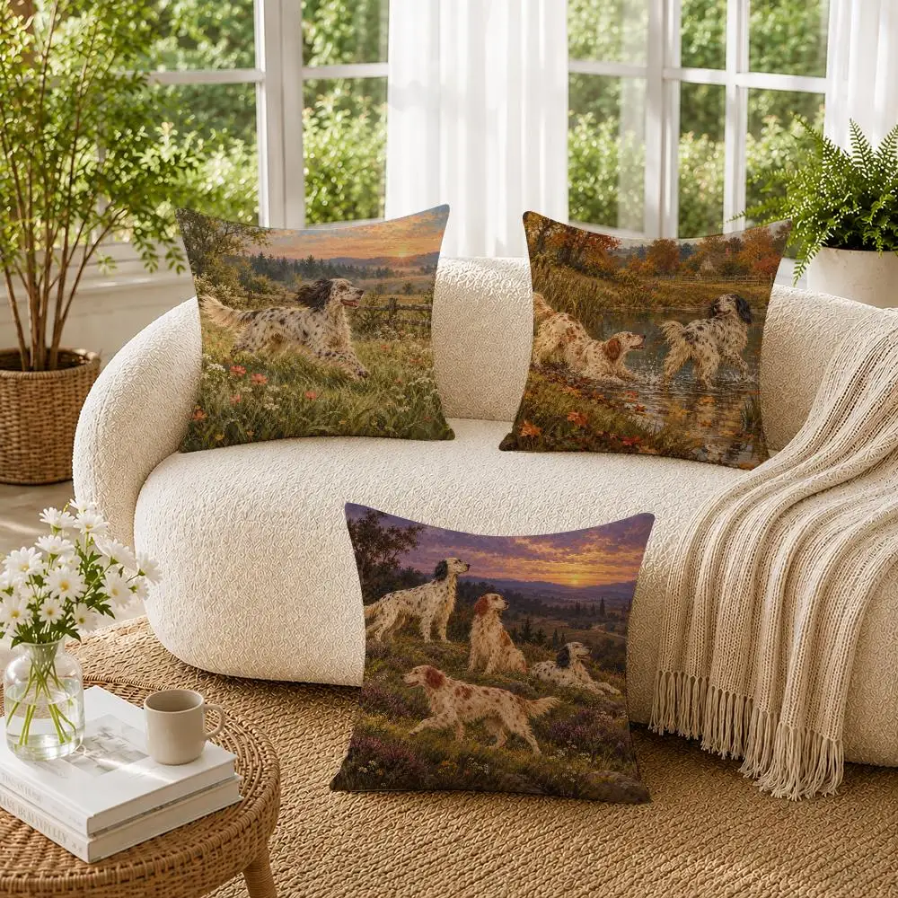 English Setter Dog Vintage Sporting Art Cushion Cover Soft Pillow Cases Hidden Zipper Cutecore Sofa Bedroom Home Decor Gift