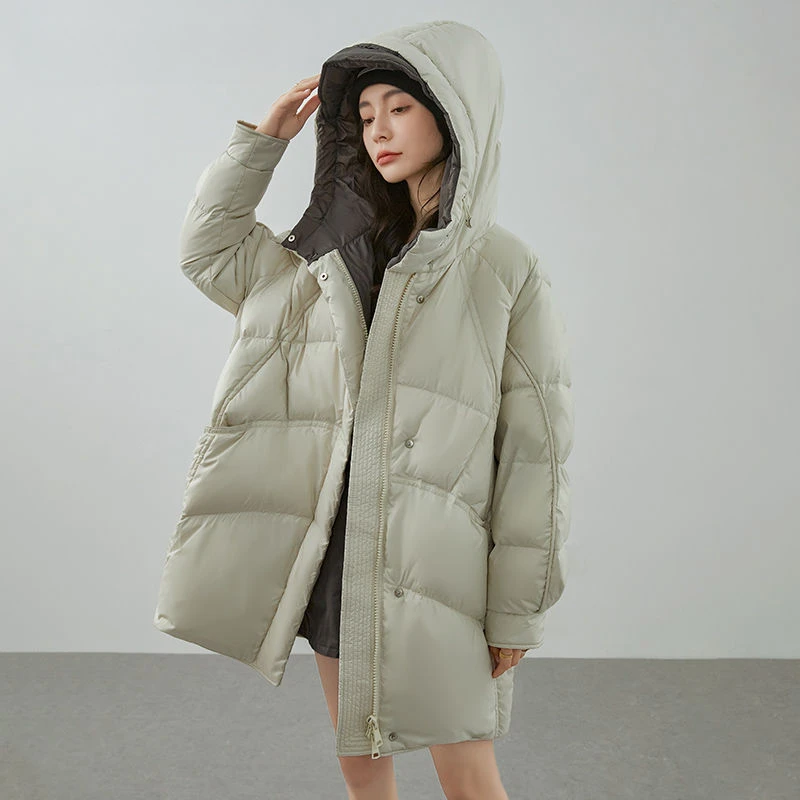 

Winter Women Ultralight Loose Down Jacket White Duck Hooded Long Sleeve Warm Coat Parka Female Single-breasted Outwear B113