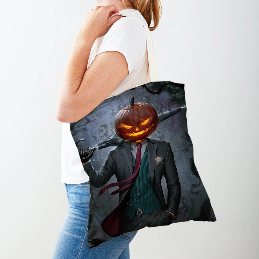 Bolso de compras informal para mujer, bolsa de lona con estampado doble de dibujos animados, Calavera, calabaza, viaje