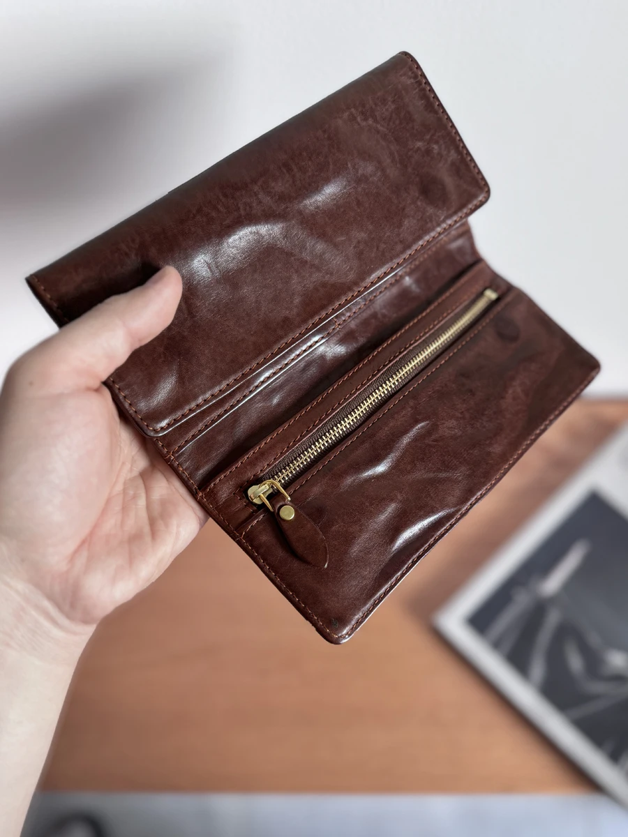 محفظة طويلة فاخرة من الطبقة الأولى من جلد البقر عالية الجودة محافظ ريترو متجعدة من جلد البقر حقيبة بطاقات الائتمان للجنسين