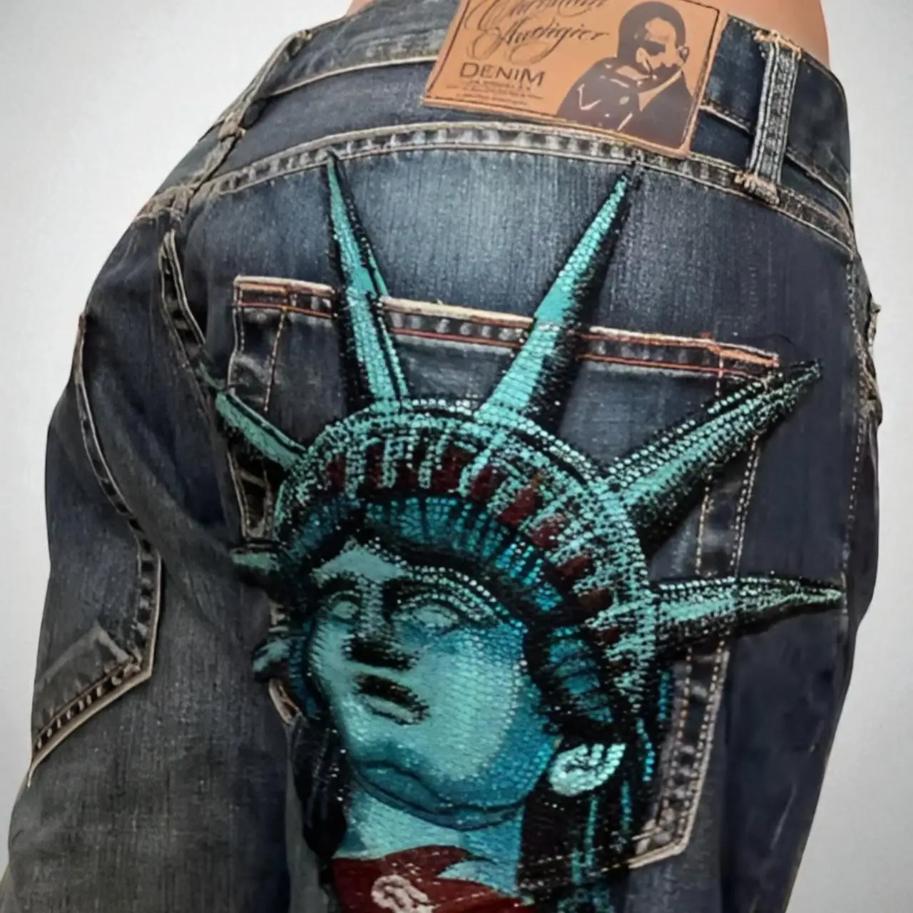 American Retro Statue of liberty Diamonds Denim Pants Casual High Waist Straight Wide Leg Jeans Harajuku Y2k Women Clothing