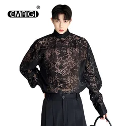 Men Stand Collar Long Sleeve Loose Casual Vintage Pullover Hollow Lace Shirts Blouses Male Nightclub Stage Party Dress Shirts