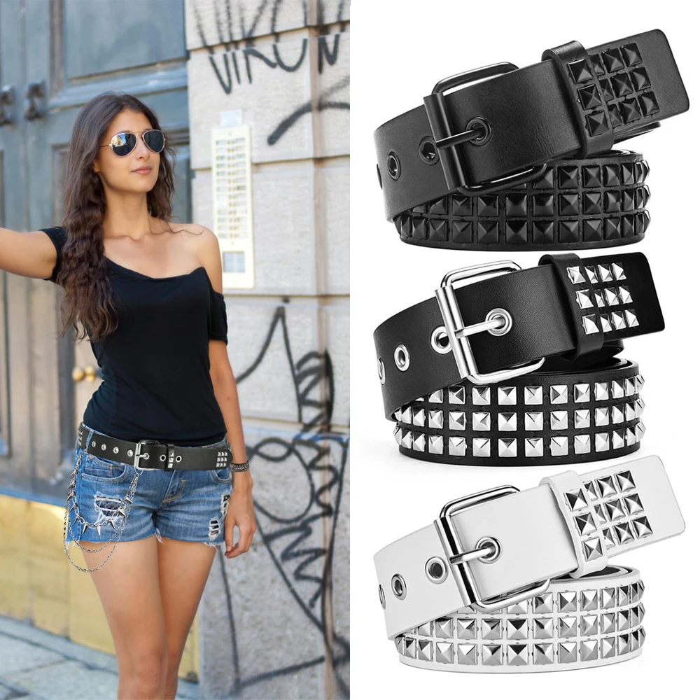 Fashion Square Bead Rivet Belt Metal Pyramid Belt Punk Rock Style Jeans Belts Y2K Waist Belt  for Men and Women