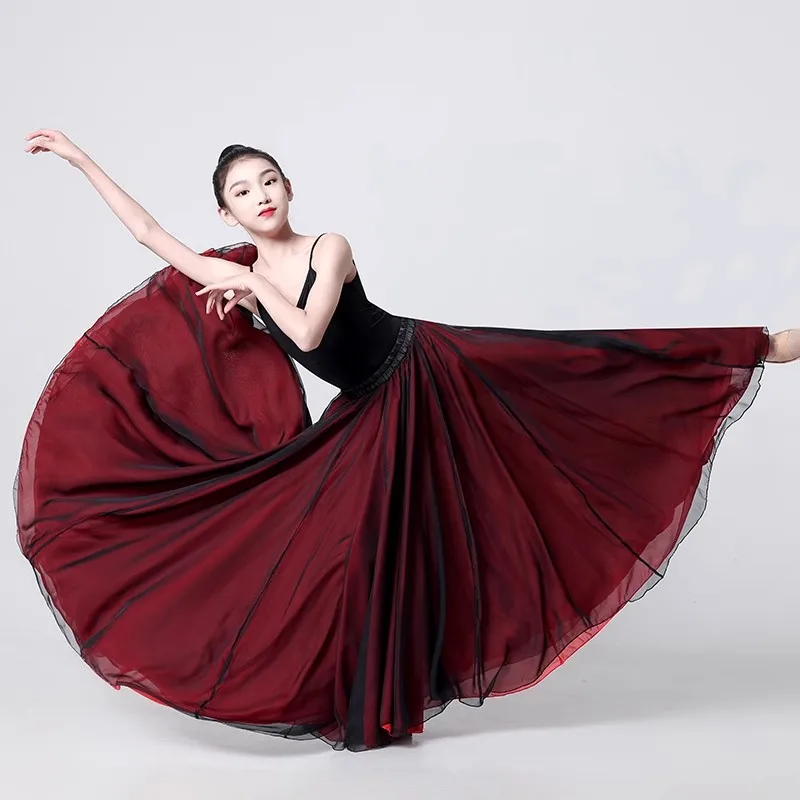 Trajes de baile flamenco verde de 720 grados, falda larga de baile de salón de doble capa para mujer, traje de actuación de danza clásica española