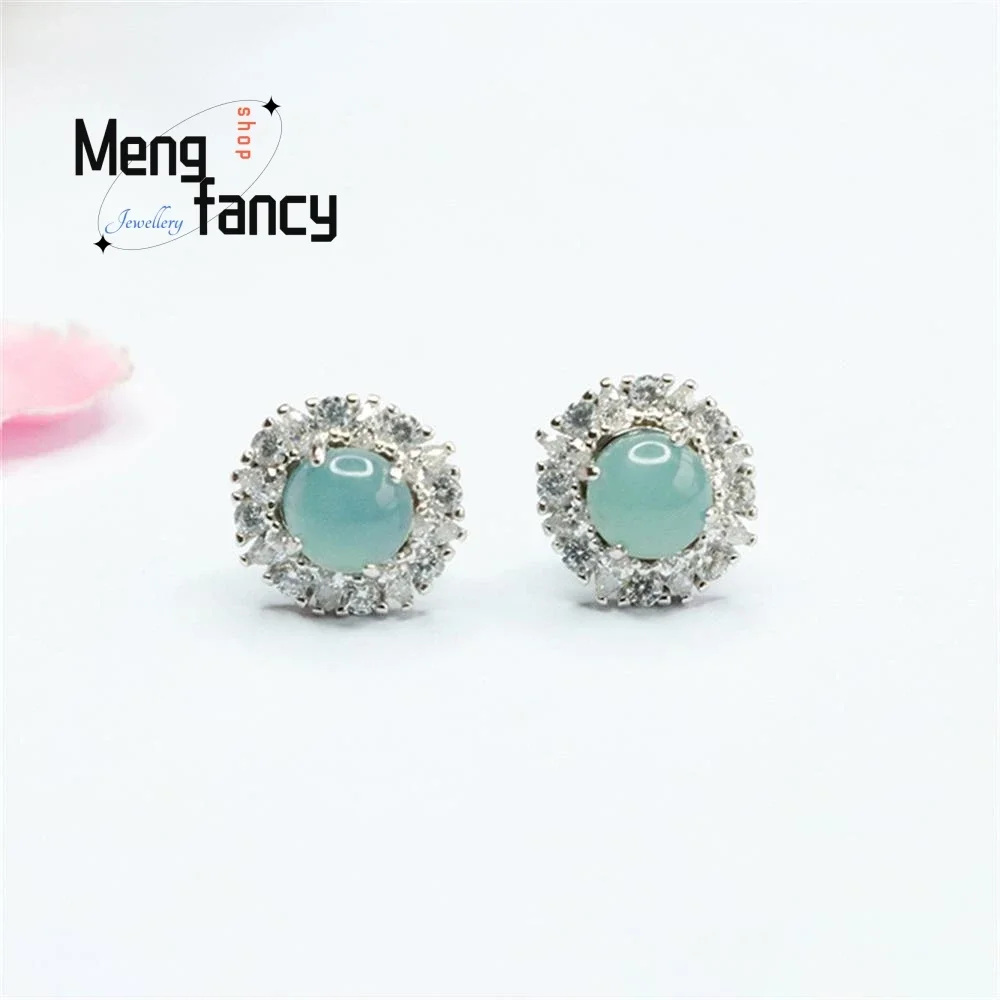 

S925 Silver Lnlaid Natural Jadeite Ice Blue Water Earrings exquisite Elegant Simple High-grade Luxury Quality Fashion Jewelry