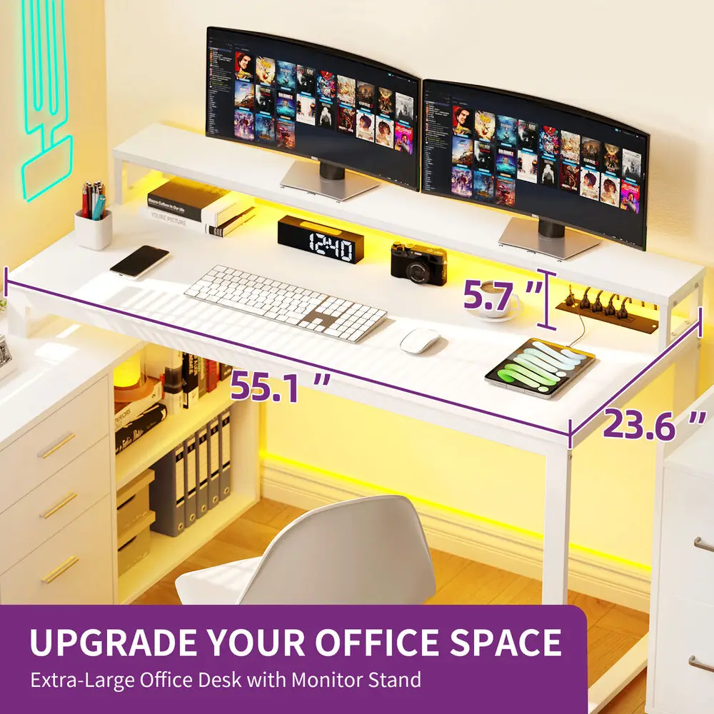 55" Computer Table PC Laptop Workstation Writing Desk w/Power Outlet LED Lights