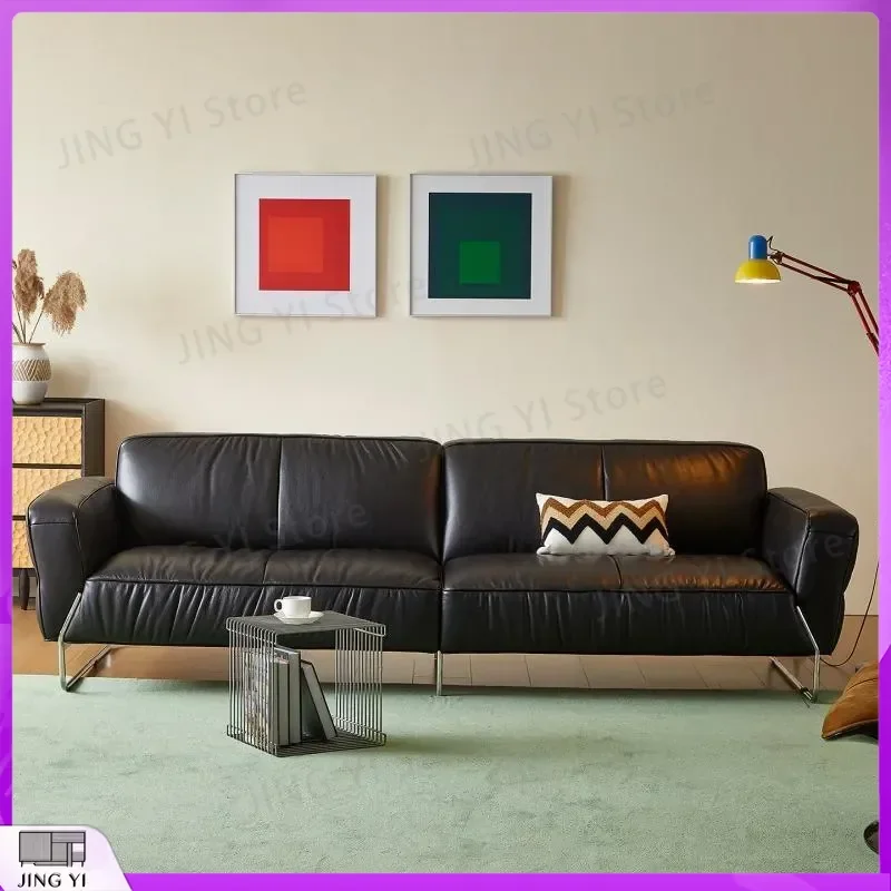 Medieval Bauhaus Style Black Obsidian Leather Sofa Living Room Straight Row Rust Steel Frame First Layer Cowhide Sofa for