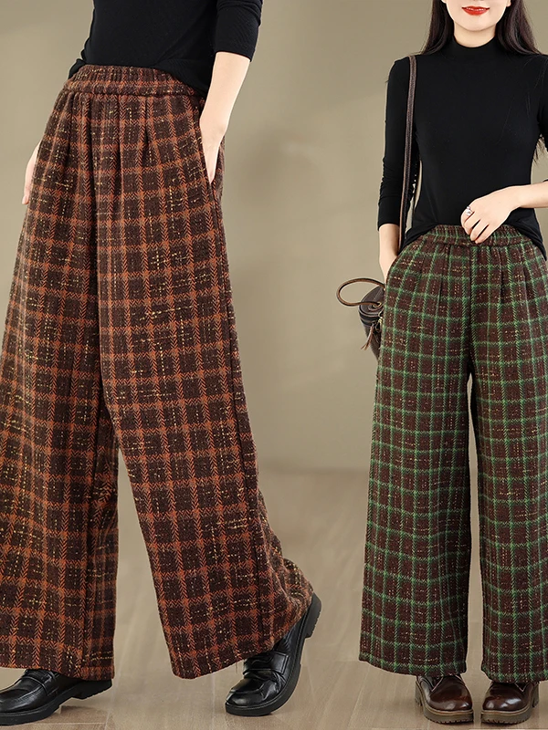 

Ретро-брюки в клетку с широкими штанинами, высокой талией, утягивающие, шерстяные, повседневные, длинные, для полных женщин, зимний сезон, на каждый день