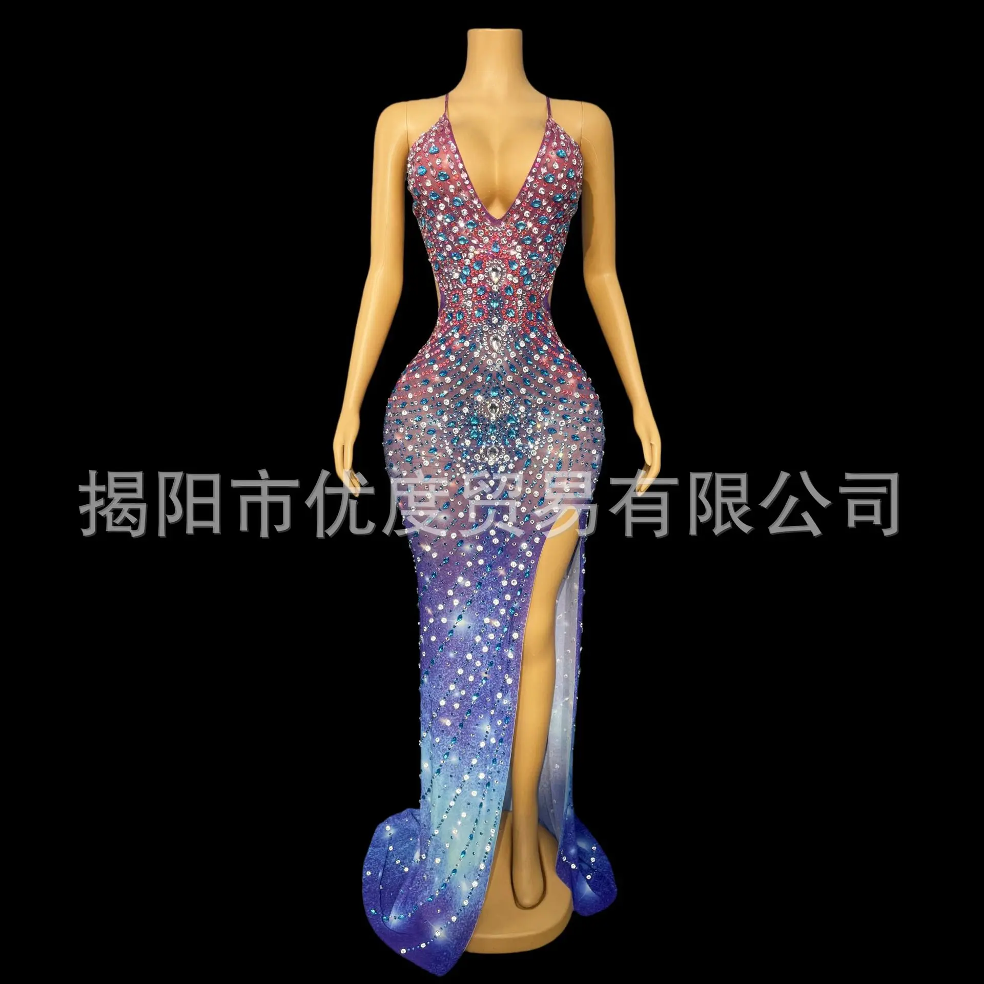 مثير حجر الراين الأرجواني التغيير التدريجي الحمالة فستان شبكة فستان عيد ميلاد الرقص أداء يبحث إلى النجوم Partykleider