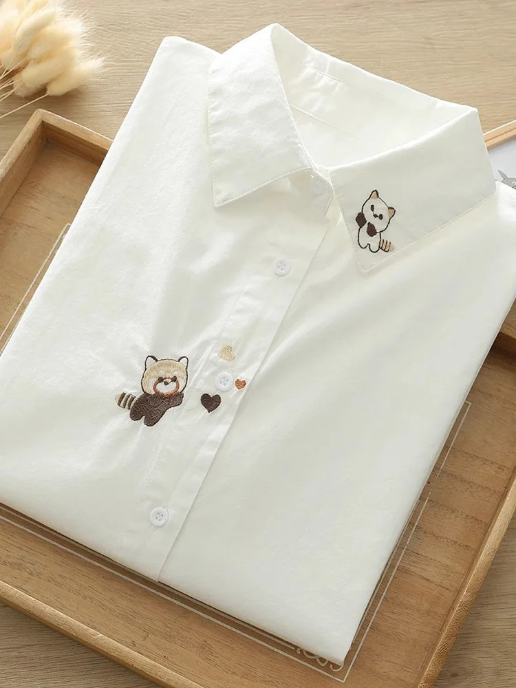 

Женская блузка из чистого хлопка с мультяшным принтом, белая, весенняя, милая, с длинным рукавом, в японском стиле преппи, с вышивкой, кавайная, повседневная