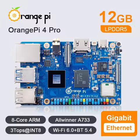 Orange Pi 4 Pro 12GB RAM DDR5 Allwinner A733 Mini PC WiFi6+Bluetooth M.2 PCIE SSD Dual MIPI-CSI 3TOPS NPU Single Board Computer