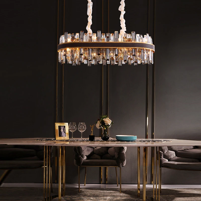 Smoky Grey Chandelier With Crystals Led Luxury Leather Pendant Light Dimmable Home Decor Exquisite Lustre For Living Room