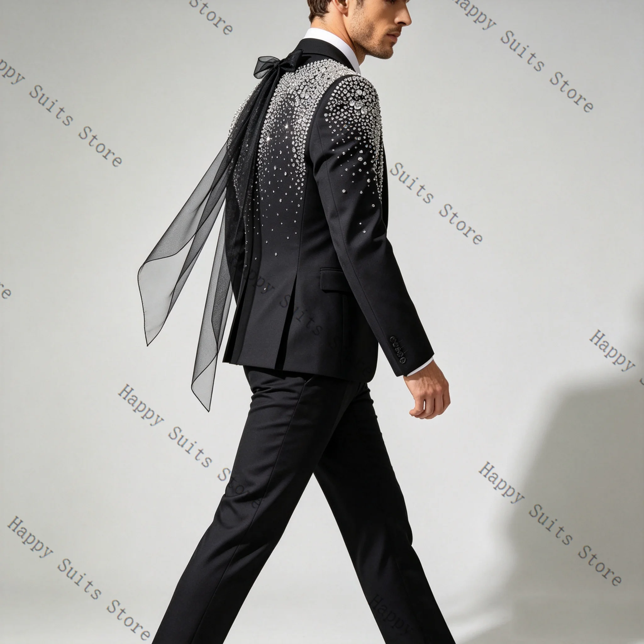 

Crystals Men Suit Set 2 Pcs Bow Tie Blazer+Pants Trousers Cotton Formal Office Coat Wedding Tuxedo Customized Jacket Outfit