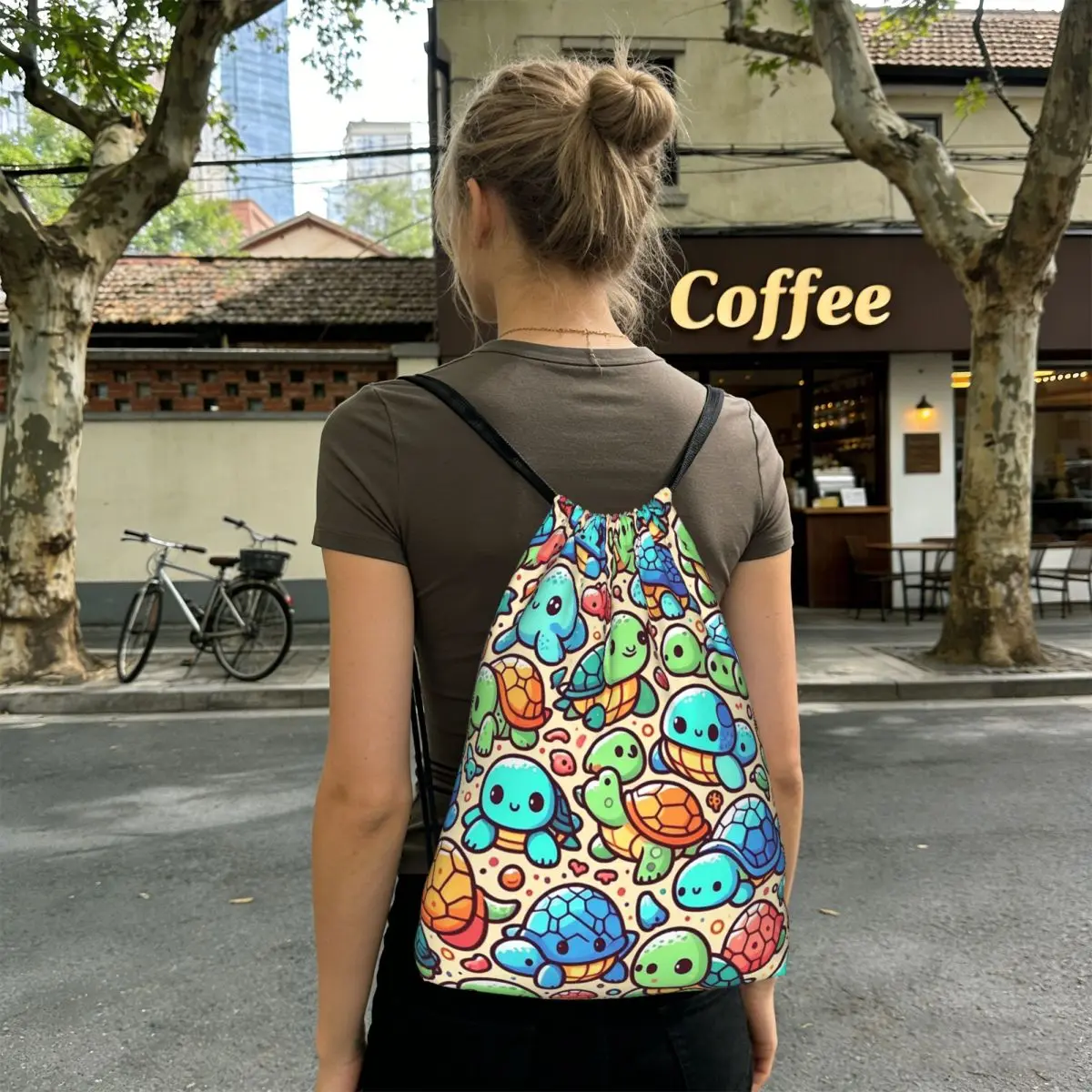 

Adorable Cartoon Turtle Colorful Backpacks Casual Drawstring Bundle Pocket Shoes Bag Book Bags for Travel School