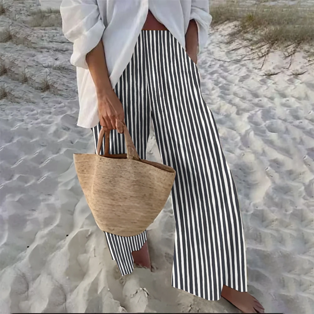 Simple Luxury Casual Women's Pants Black and White Striped Printed Beach Pants High Quality Chic Trend Wear Wide Leg Pants